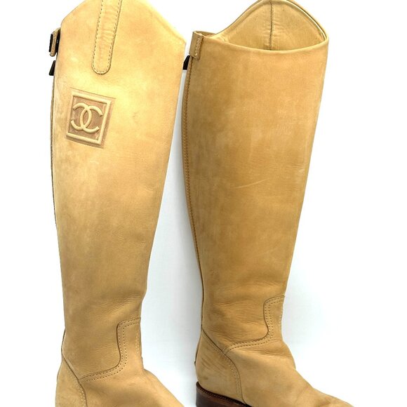 CHANEL Vintage 2006 Nubuck Leather CC Logo Back Zip Tall Riding Knee High Boots - Picture 11 of 15